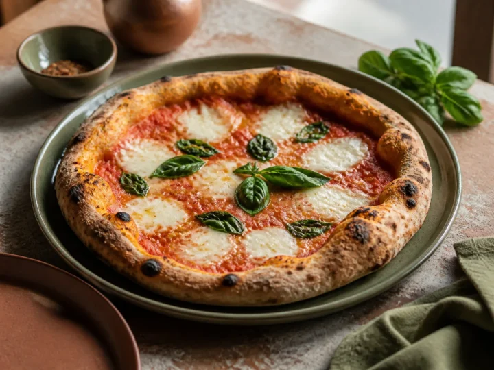 Pizza Margherita mit luftigem Rand, Tomatensauce, Mozzarella und Basilikum