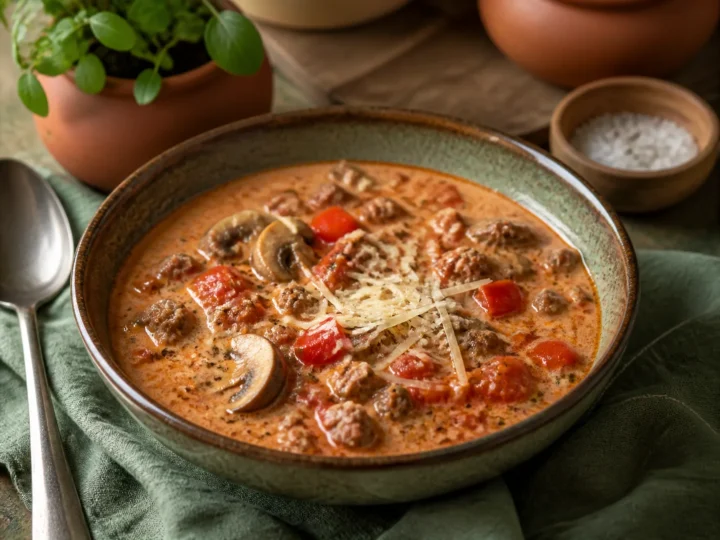 Cremige Pizzasuppe mit Hackfleisch, Paprika, Champignons und Parmesan