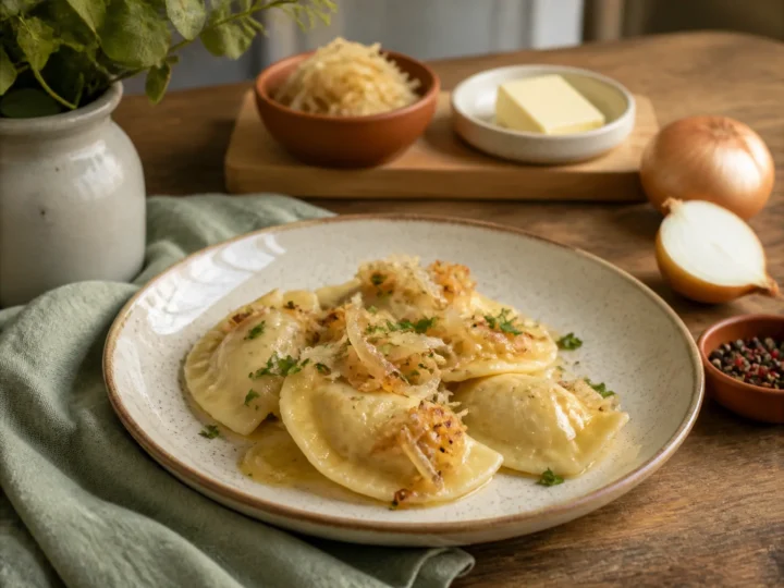 Polnische Pierogi mit Kartoffelfüllung, fertig angerichtet auf einem Teller