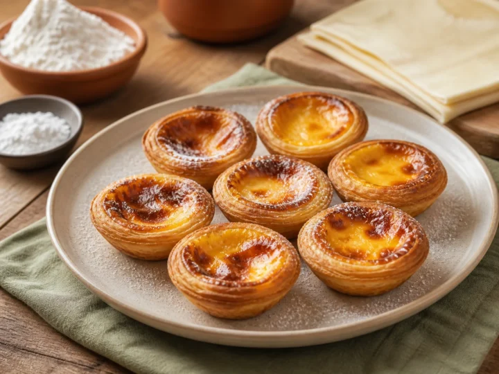 Portugiesische Pastéis de Nata, fertig angerichtet auf einem Teller