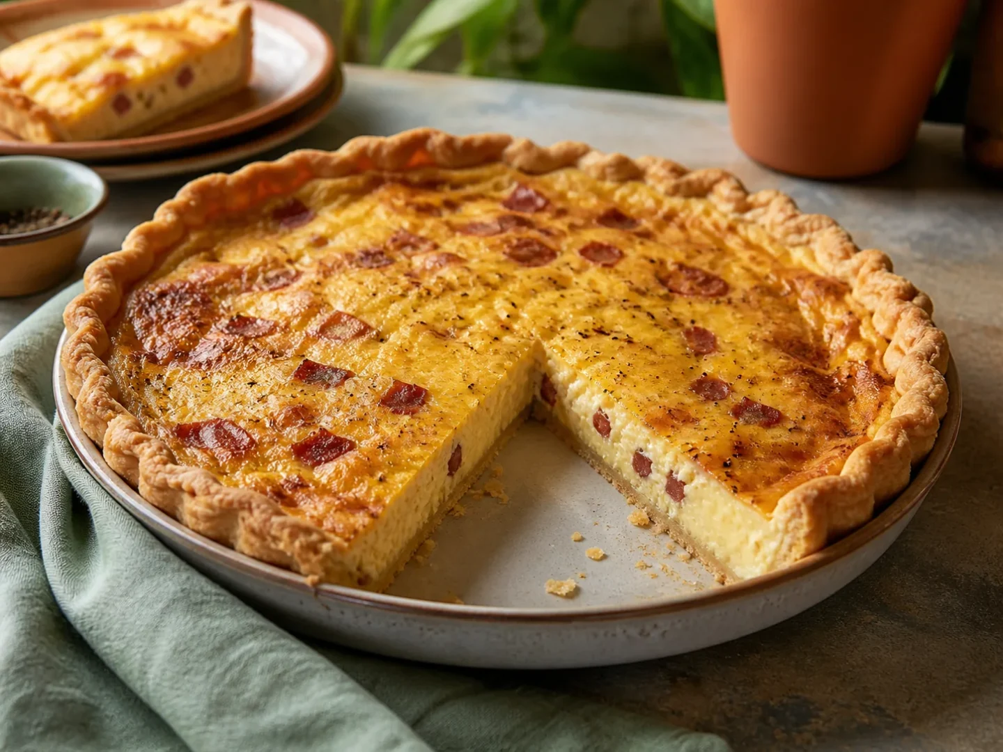 Quiche Lorraine mit goldener Eierfüllung, Speck und knusprigem Mürbeteigrand