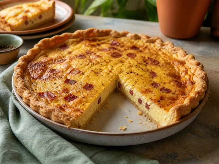 Quiche Lorraine mit goldener Eierfüllung, Speck und knusprigem Mürbeteigrand