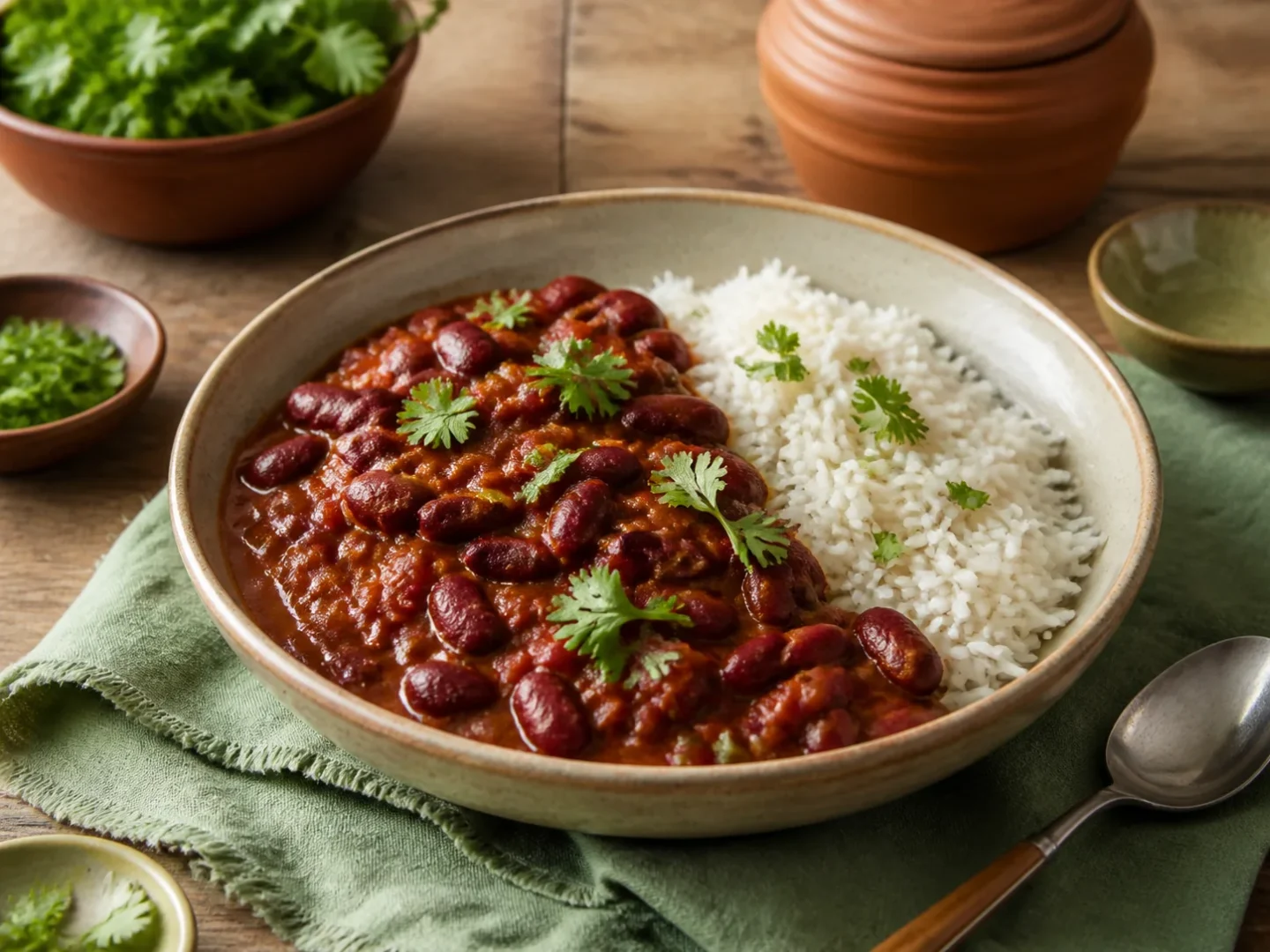 Rajma Curry mit Kidneybohnen, Tomatensauce, Koriander und Basmatireis