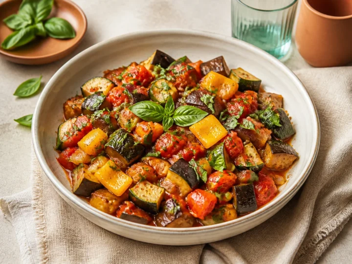 Ratatouille mit Auberginen, Zucchini, gelber Paprika, Tomaten und Basilikum
