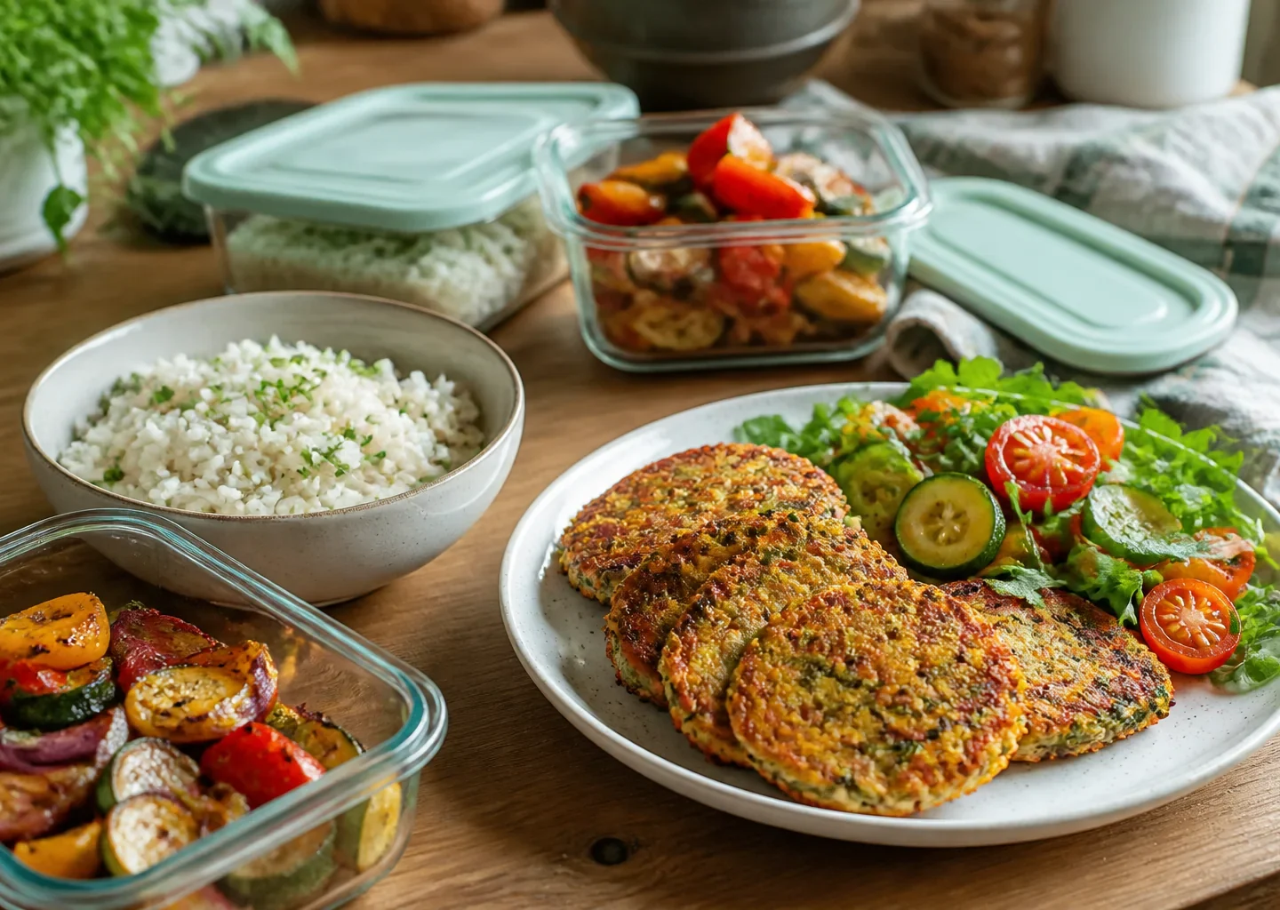 Reis und Ofengemüse als neue Gemüsebratlinge mit Salat zubereitet