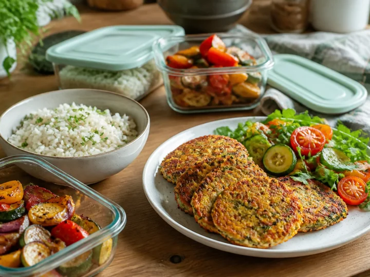 Reis und Ofengemüse als neue Gemüsebratlinge mit Salat zubereitet