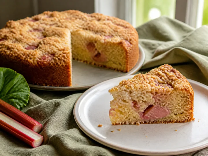 Rhabarberkuchen mit goldenen Streuseln und sichtbaren Rhabarberstücken