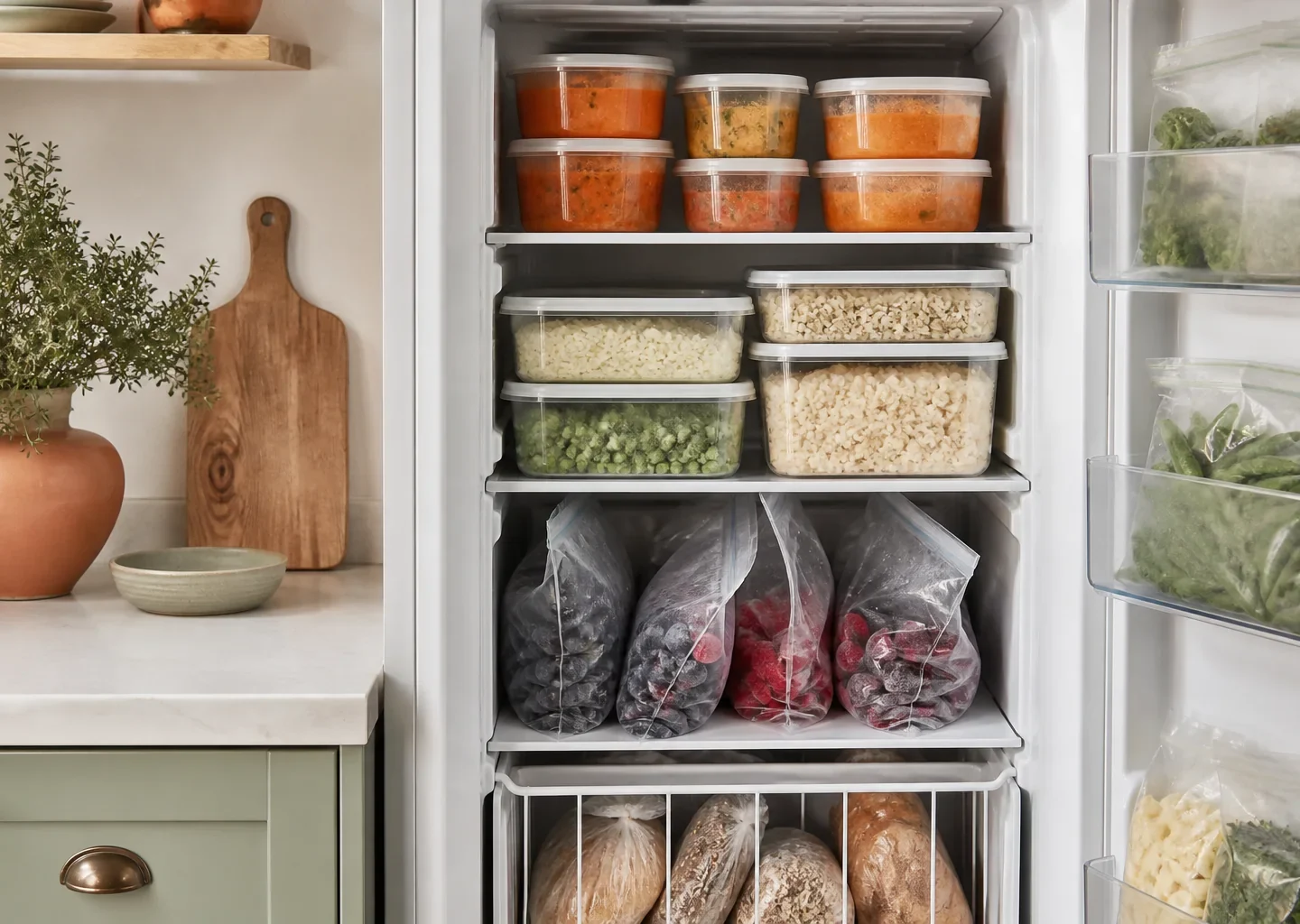 Organisierter Gefrierschrank mit Suppen, Getreide, Beeren, Gemüse und Brot