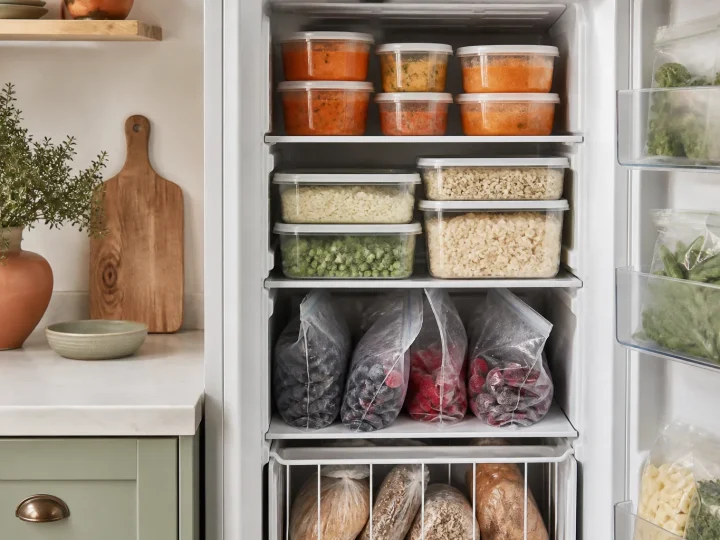 Organisierter Gefrierschrank mit Suppen, Getreide, Beeren, Gemüse und Brot