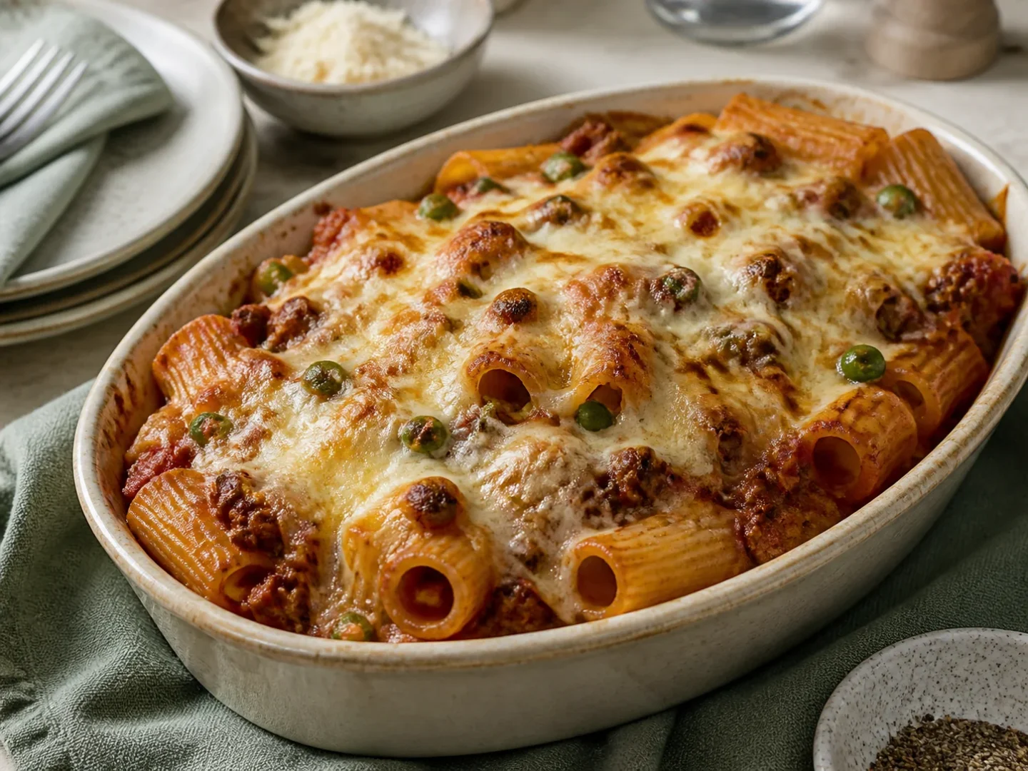 Rigatoni al forno mit Hackfleisch-Tomatensauce, Erbsen und gebräuntem Käse
