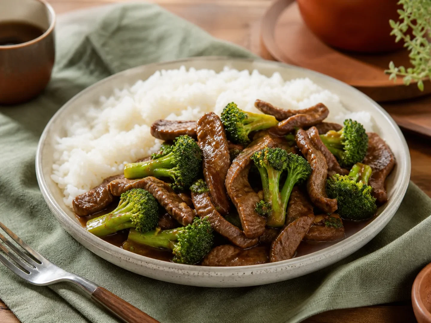 Rindfleisch mit Brokkoli in dunkler Woksauce und weißem Reis