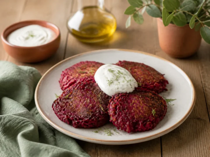 Rote-Bete-Latkes, fertig angerichtet auf einem Teller