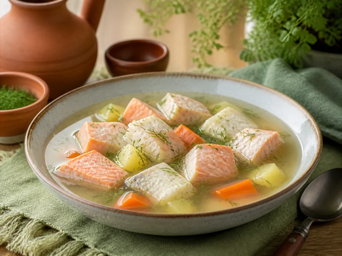 Russische Fischsuppe Ukha mit Lachs, Kabeljau, Kartoffeln, Möhren und Dill