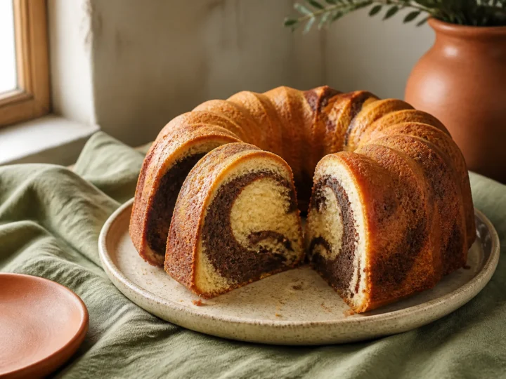 Aufgeschnittener saftiger Marmorkuchen mit deutlichem Kakao-Wirbel