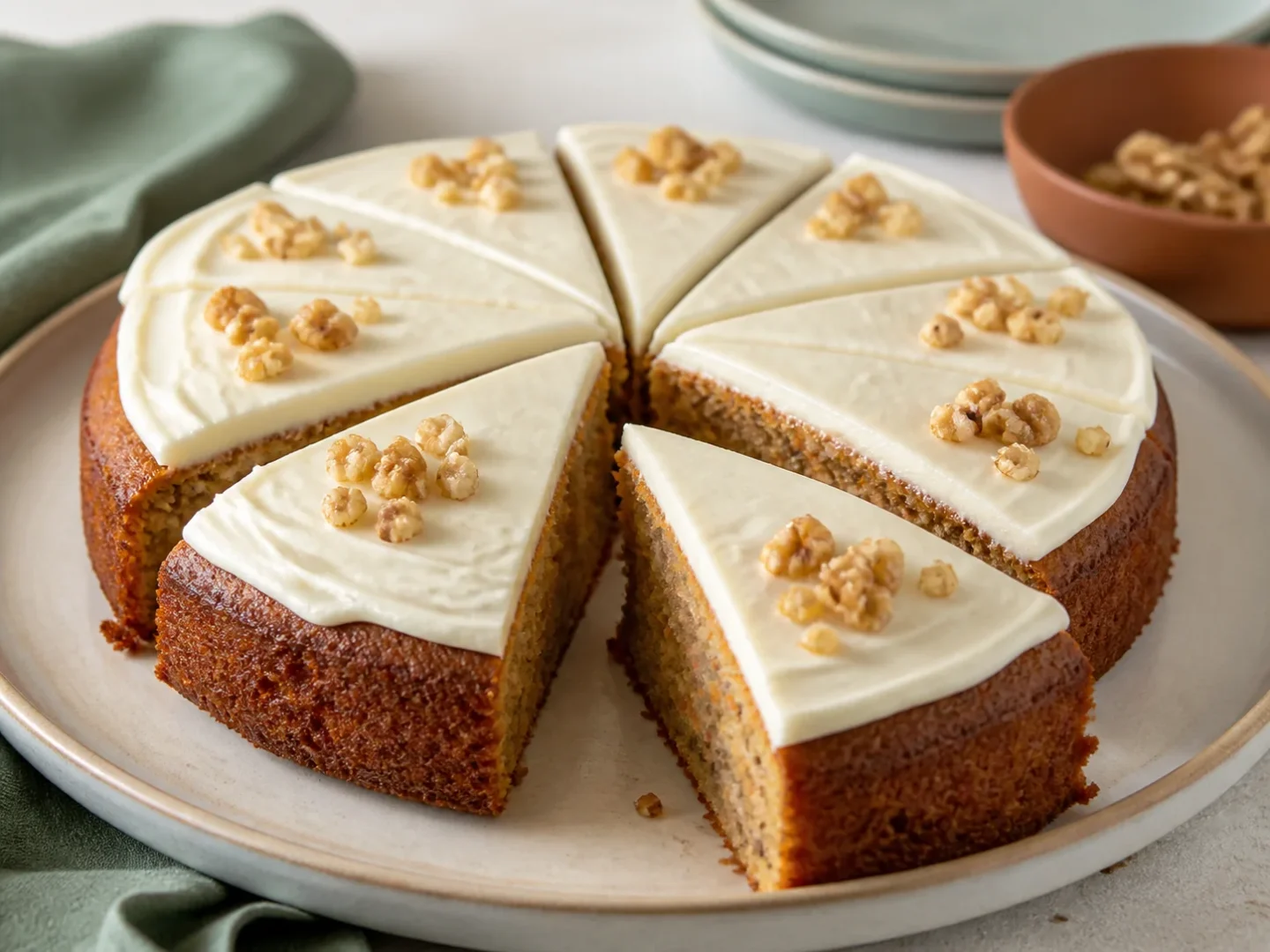 Saftiger Möhrenkuchen mit dünner Frischkäsecreme und Walnüssen