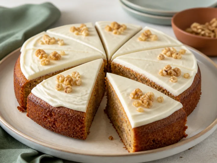 Saftiger Möhrenkuchen mit dünner Frischkäsecreme und Walnüssen