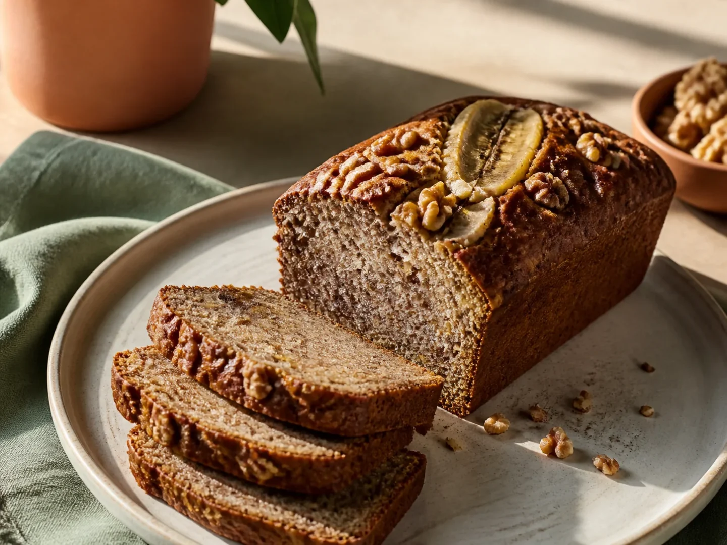 Aufgeschnittenes saftiges Bananenbrot mit Walnüssen und sichtbaren Bananenstücken