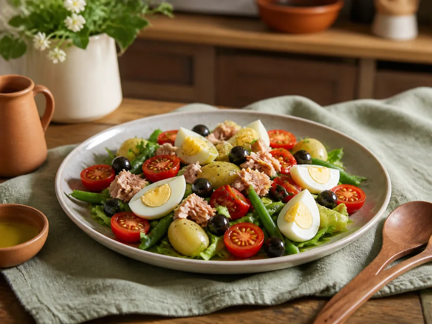 Salade Niçoise mit Thunfisch, fertig angerichtet auf einem Teller