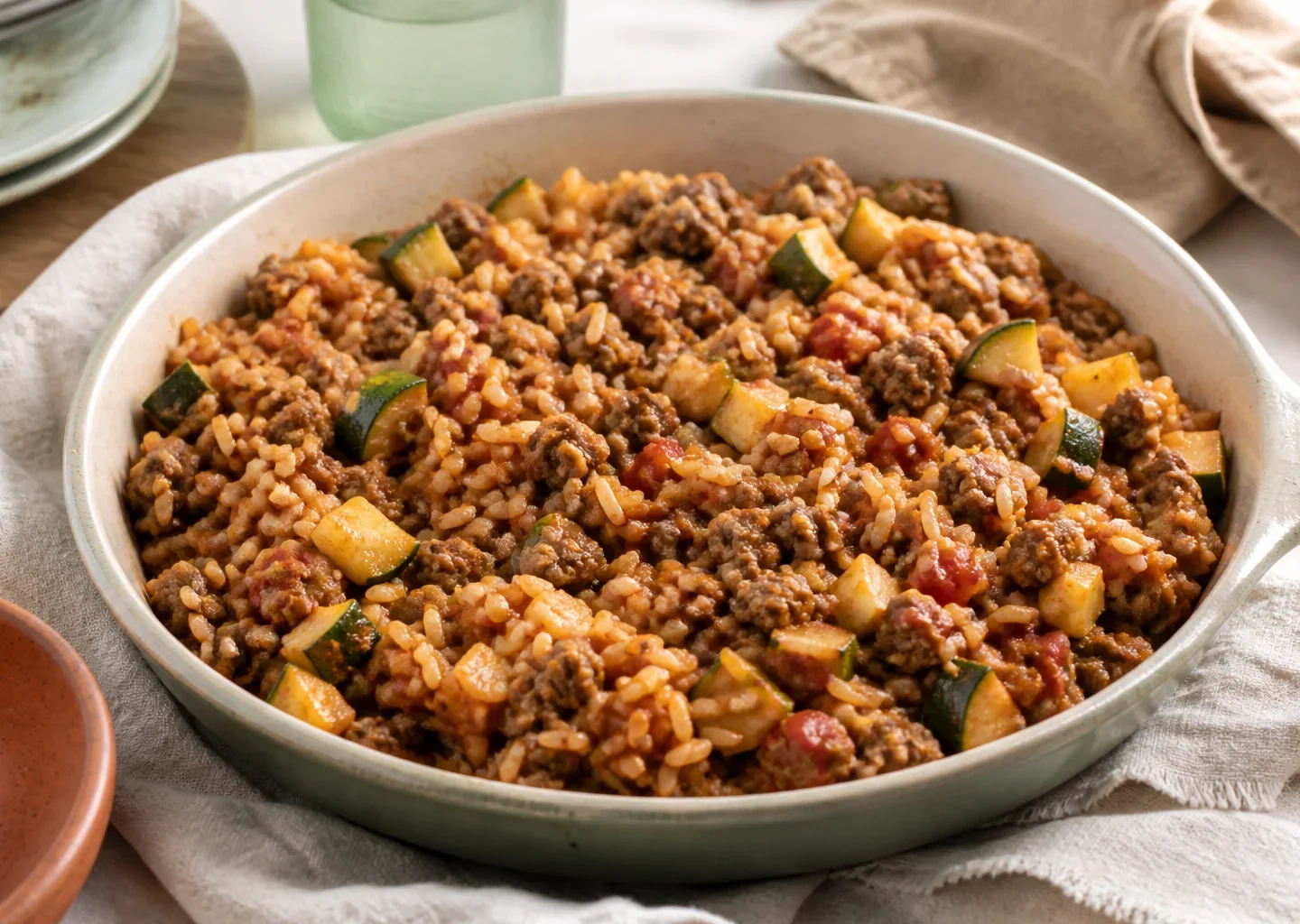 Hackfleisch-Zucchini-Pfanne mit Tomaten und Reis in einer dunklen Pfanne