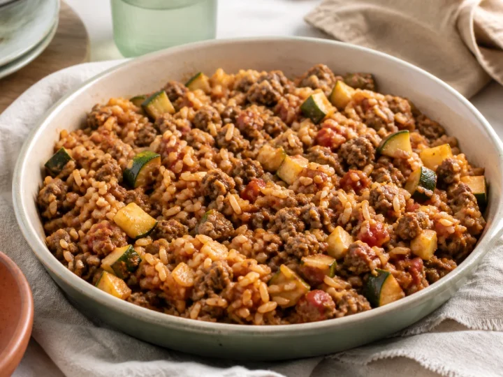 Hackfleisch-Zucchini-Pfanne mit Tomaten und Reis in einer dunklen Pfanne