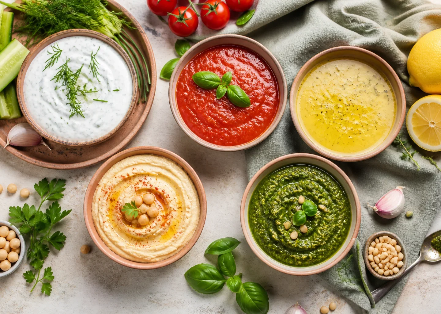 Fünf Schalen mit Kräuterdip, Tomatensauce, Dressing, Hummus und Pesto