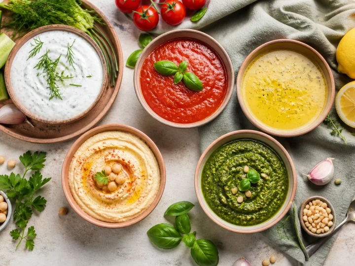 Fünf Schalen mit Kräuterdip, Tomatensauce, Dressing, Hummus und Pesto