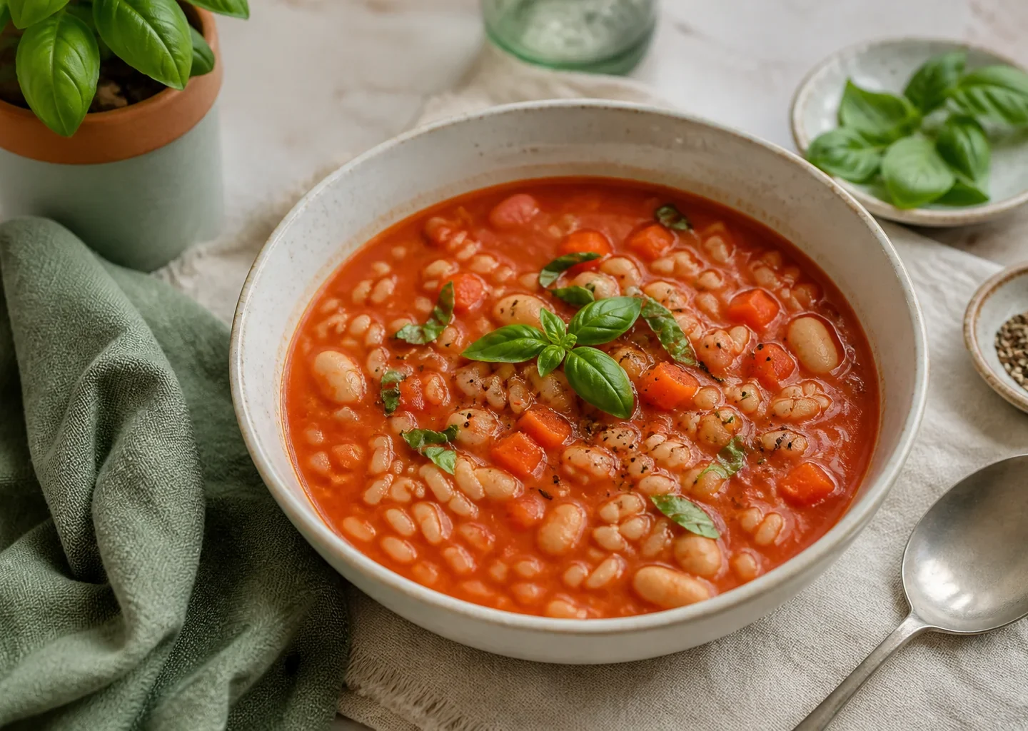Fruchtige Tomaten-Reis-Suppe mit weißen Bohnen und Petersilie