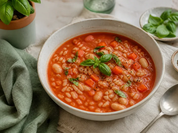 Fruchtige Tomaten-Reis-Suppe mit weißen Bohnen und Petersilie