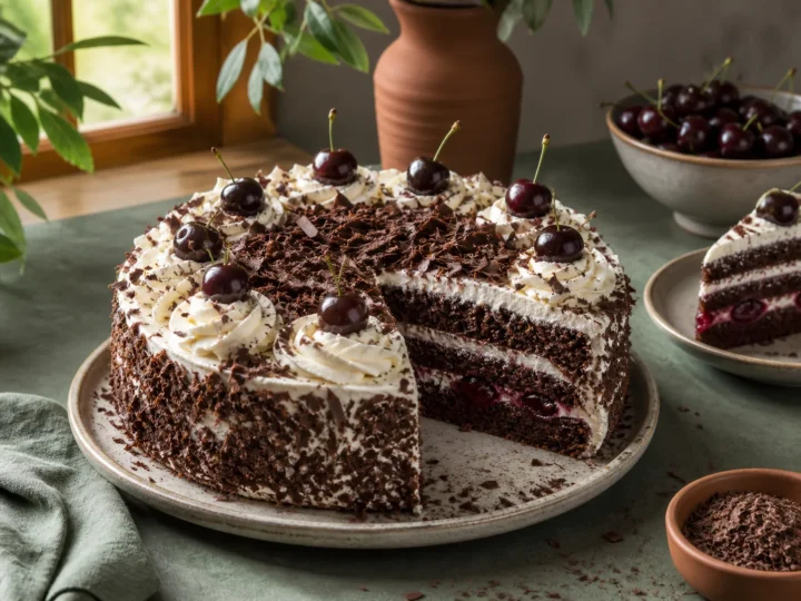 Schwarzwälder Kirschtorte mit Schokoladenbiskuit, Sahne, Kirschen und Schokoraspeln