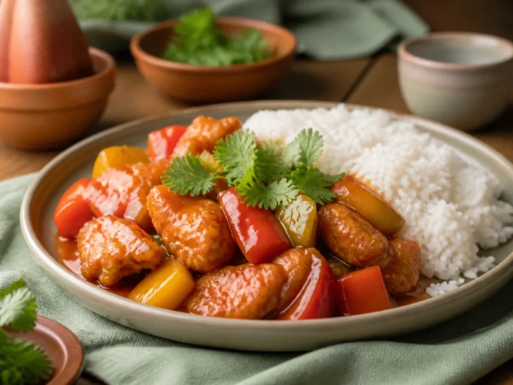 Schweinefleisch süß-sauer mit Paprika, glänzender Sauce und Reis