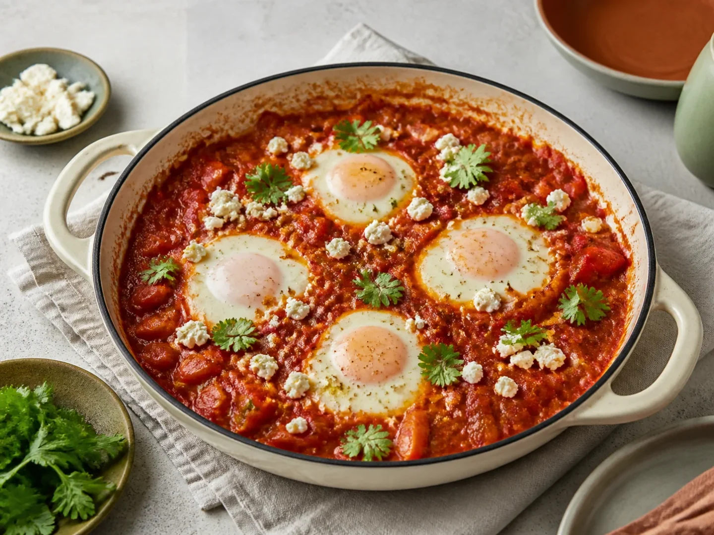 Shakshuka mit vier Eiern, Feta und Koriander in einer hellen Pfanne
