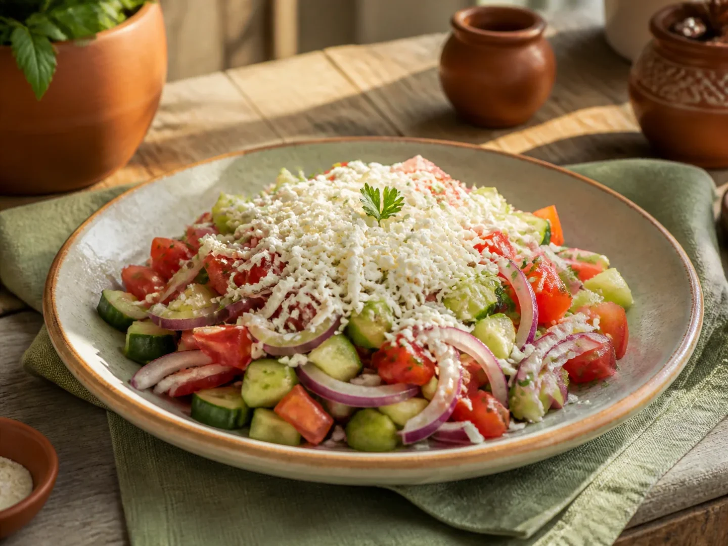 Shopska-Salat, fertig angerichtet auf einem Teller