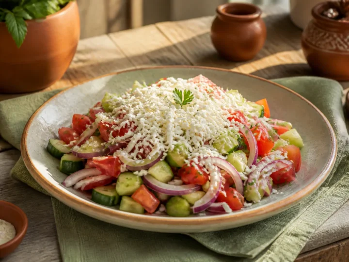 Shopska-Salat, fertig angerichtet auf einem Teller