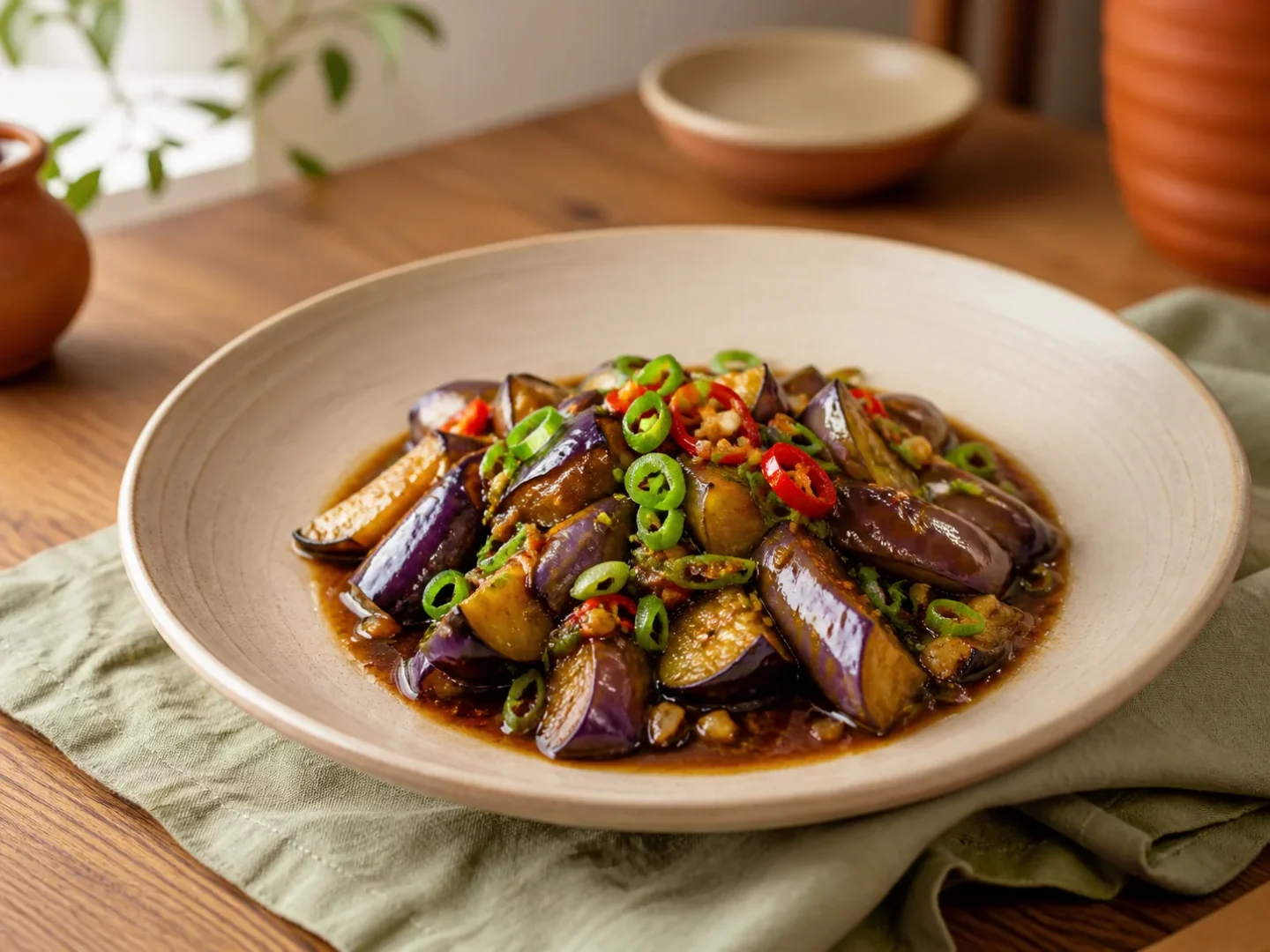 Sichuan-Auberginen, fertig angerichtet auf einem Teller