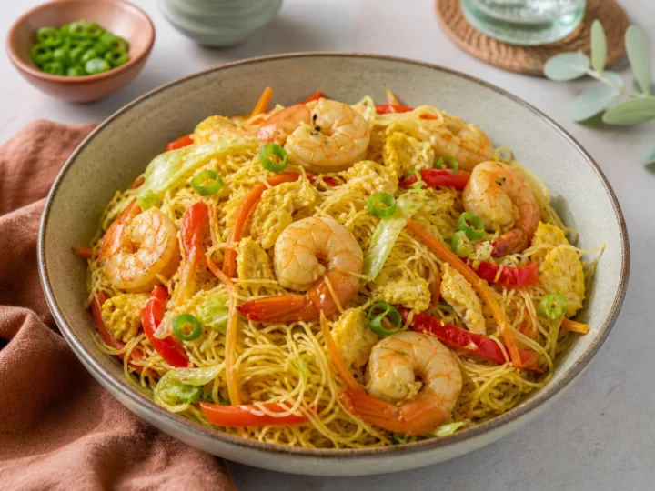 Singapur-Reisnudeln mit Garnelen, Ei, Möhren, Paprika und Kohl