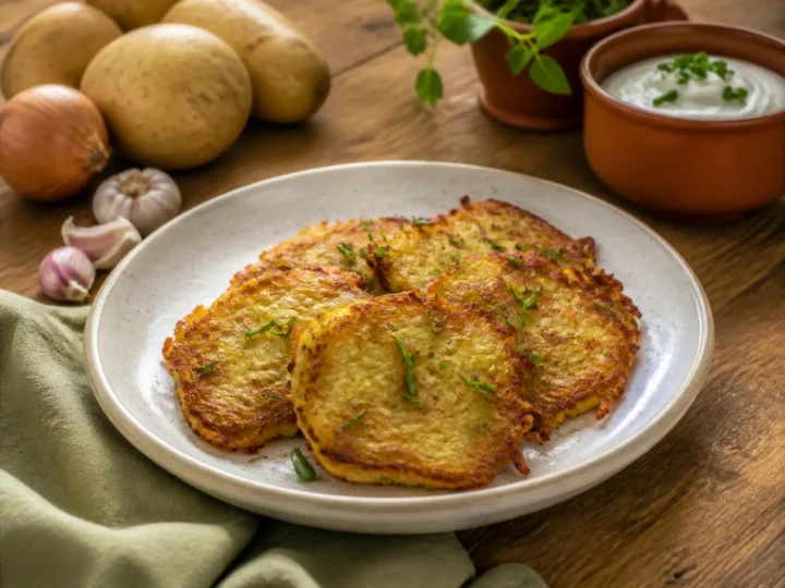 Slowakische Kartoffelpuffer, fertig angerichtet auf einem Teller