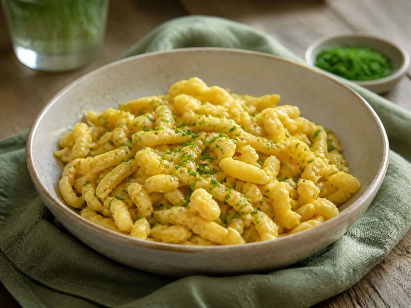 Frisch gekochte goldgelbe Spätzle mit Butter und Schnittlauch
