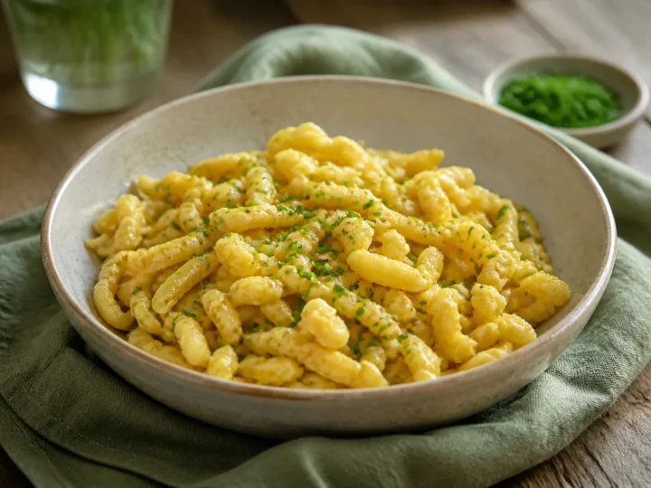 Frisch gekochte goldgelbe Spätzle mit Butter und Schnittlauch