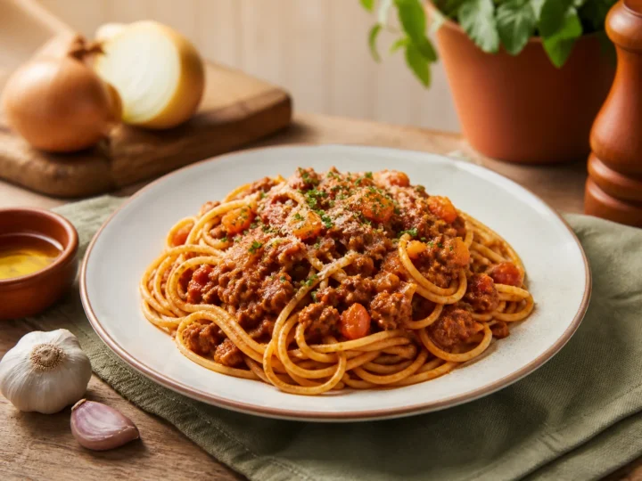 Spaghetti Bolognese, fertig angerichtet auf einem Teller