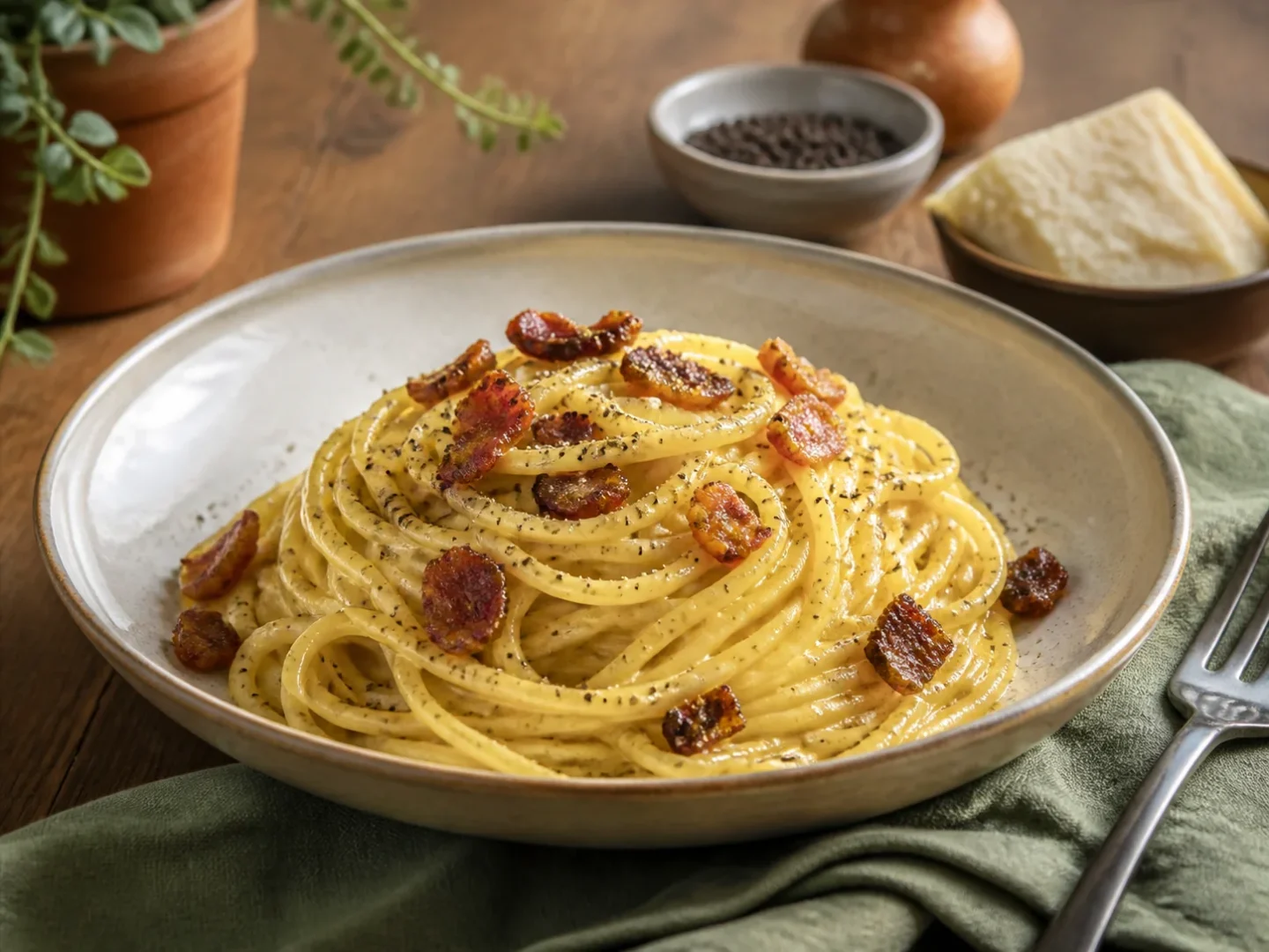 Spaghetti Carbonara mit Eigelb-Pecorino-Sauce, knusprigem Speck und Pfeffer