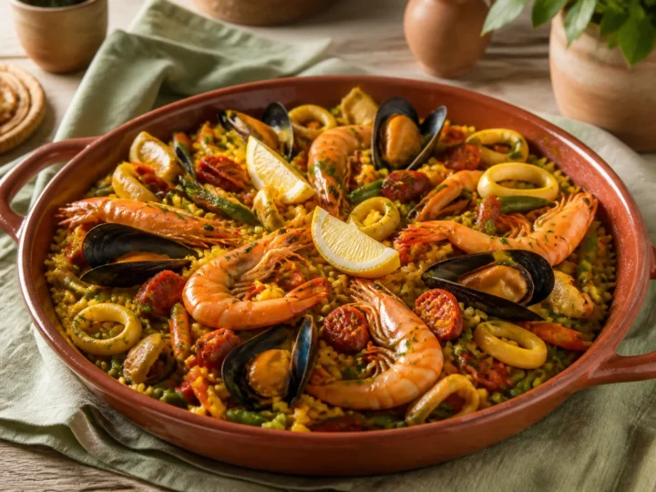 Spanische Paella mit Garnelen, Muscheln, Tintenfisch, Chorizo und Zitrone