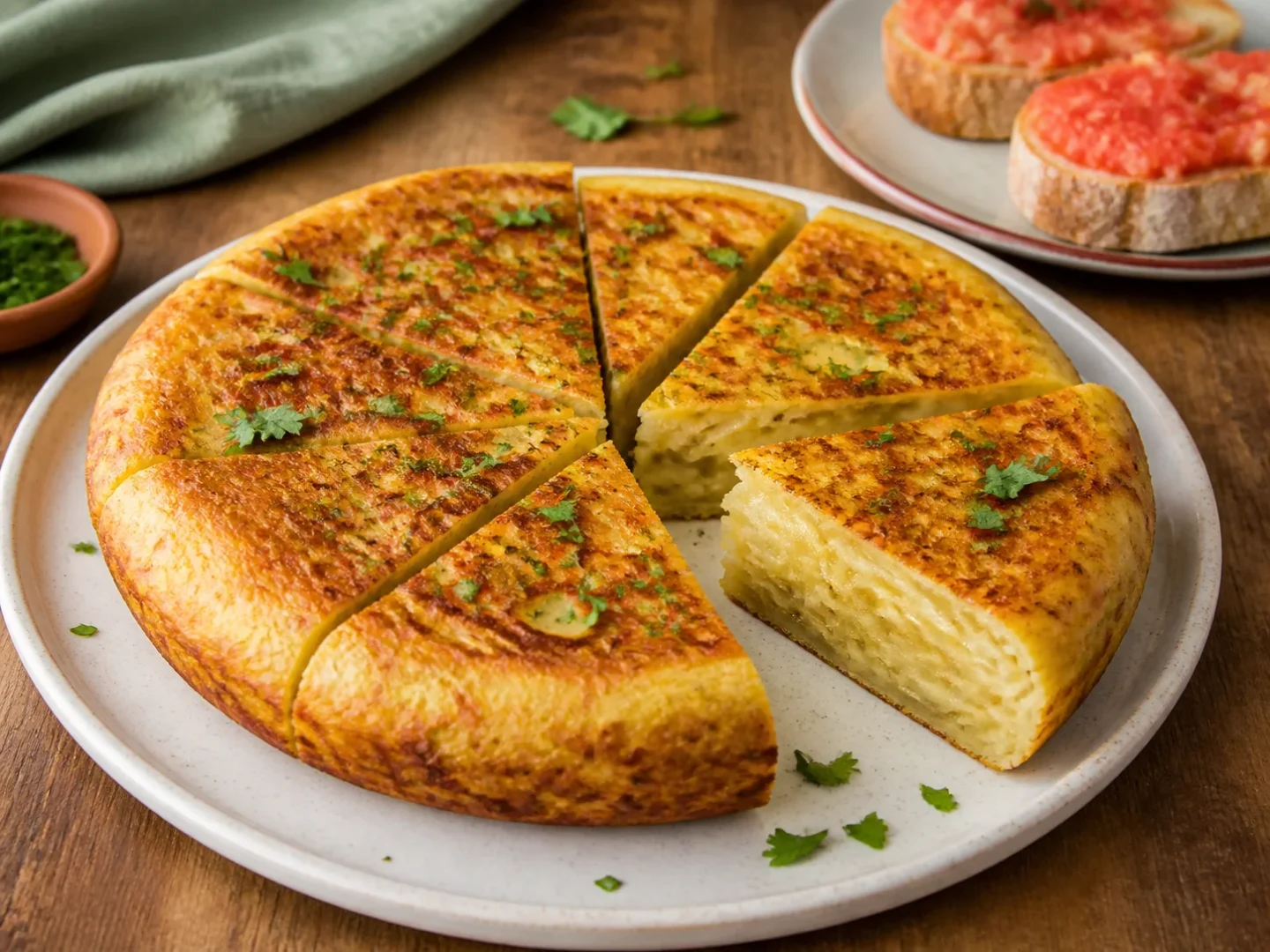 Spanische Kartoffel-Tortilla in goldenen Stücken mit Petersilie