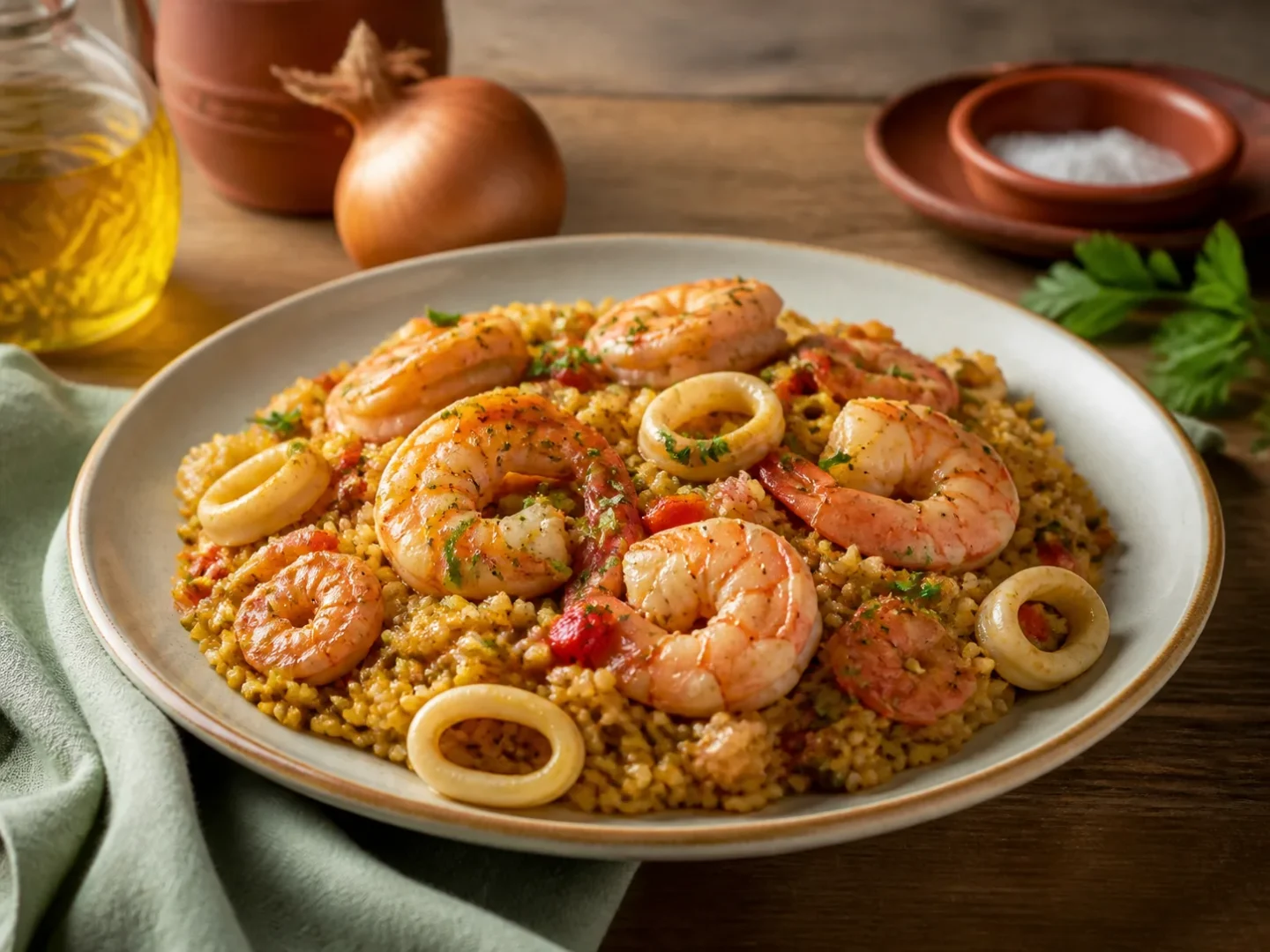 Spanischer Reis mit Garnelen und Calamari, fertig angerichtet auf einem Teller