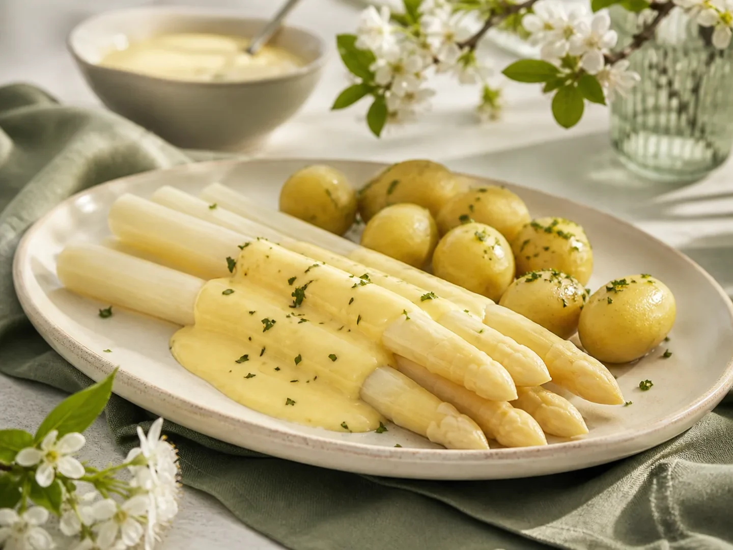 Weißer Spargel mit cremiger Sauce Hollandaise und kleinen Kartoffeln