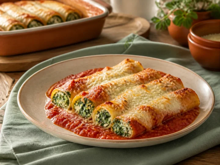 Spinat-Ricotta-Cannelloni in Tomatensauce mit goldener Käsekruste
