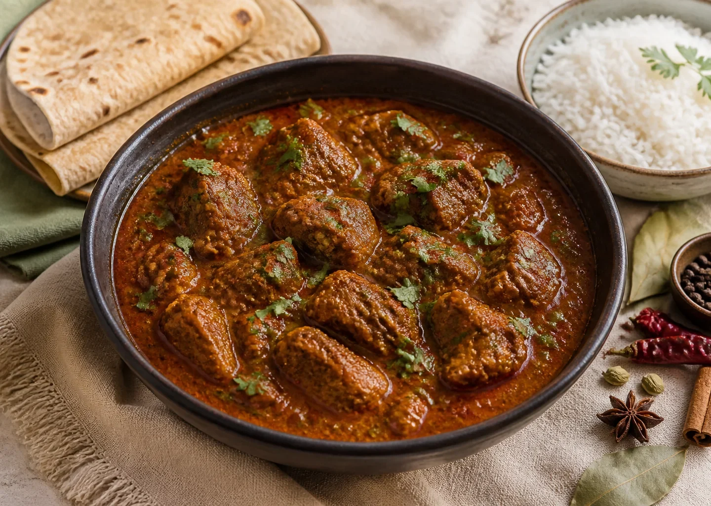 Maharashtrianische Mutton-Gravy mit Lammstücken, Kokos, Koriander und dunkler Gewürzsauce in einer Schale
