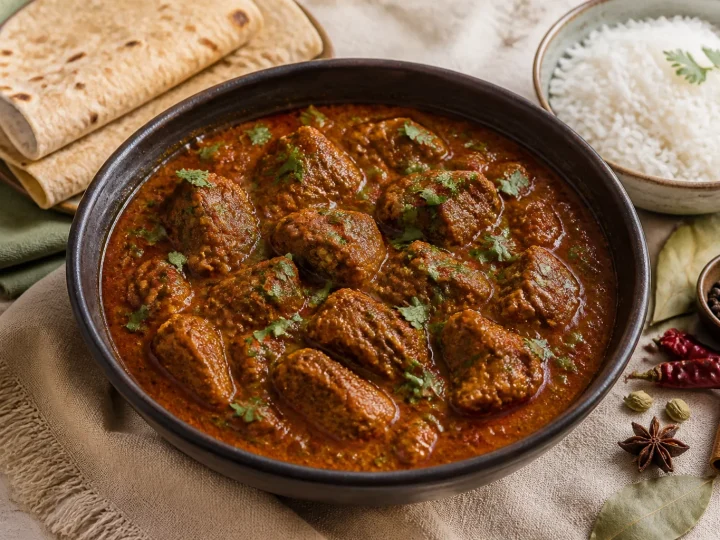 Maharashtrianische Mutton-Gravy mit Lammstücken, Kokos, Koriander und dunkler Gewürzsauce in einer Schale