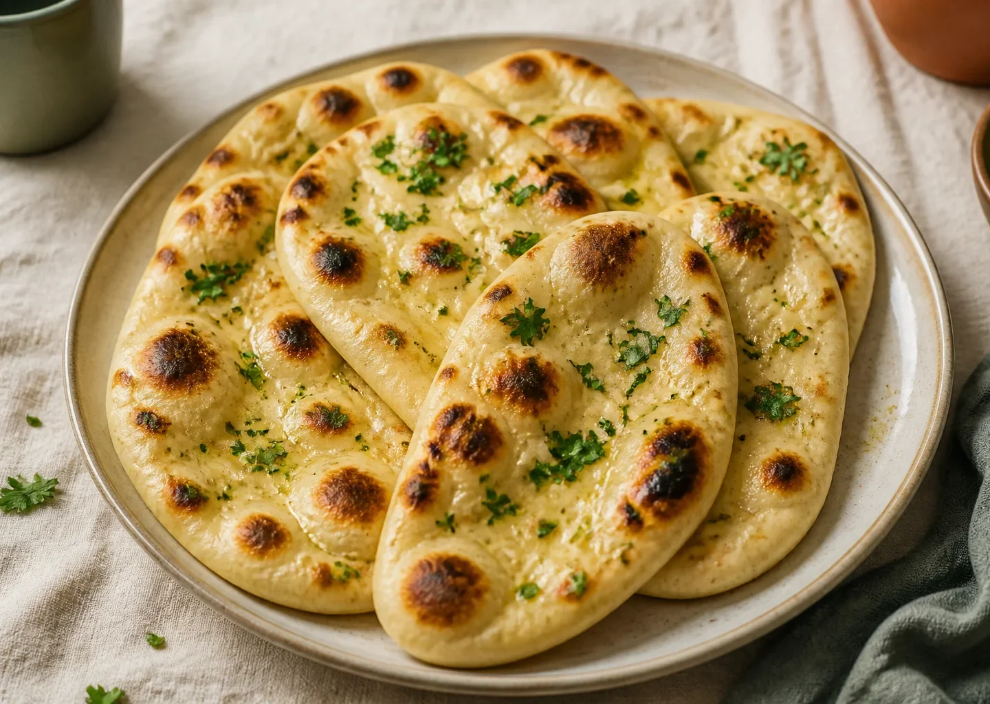 Weiche ovale Naan mit Knoblauchbutter, Koriander und goldbraunen Blasen auf einem Teller