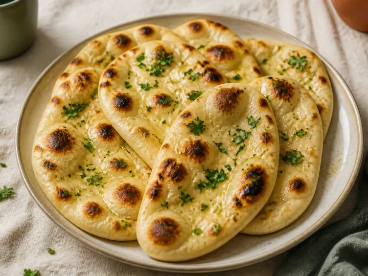 Weiche ovale Naan mit Knoblauchbutter, Koriander und goldbraunen Blasen auf einem Teller