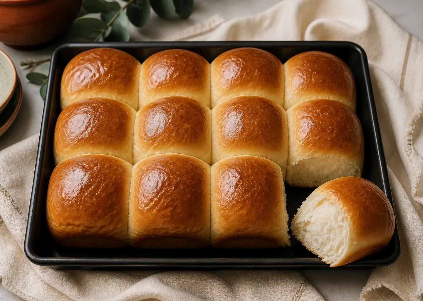 Zwölf goldbraune weiche Pav-Brötchen in einer dunklen Backform mit sichtbarer fluffiger Krume
